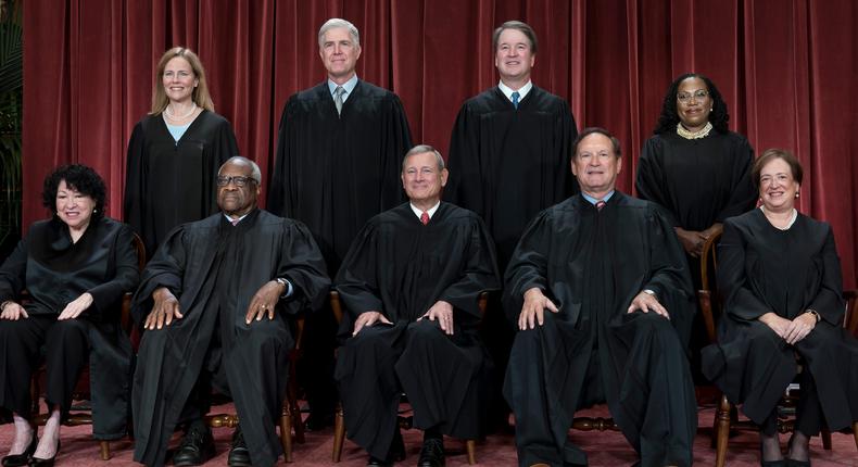 Members of the Supreme Court sit for a new group portrait following the addition of Associate Justice Ketanji Brown Jackson, at the Supreme Court building on Friday, Oct. 7, 2022.AP Photo/J. Scott Applewhite