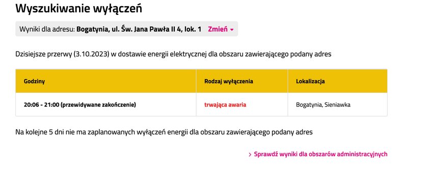 Bogatynia. Przerwa w dostawie prądu. W formularzu wpisaliśmy przypadkowy adres w Bogatyni, by sprawdzić, czy przerwa w dostawie prądu rzeczywiście miała miejsce.