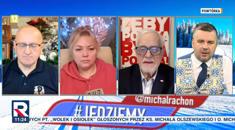 Od lewej: Marian Kowalski, Agnieszka Siewiereniuk-Maciorowska, Jan Pietrzak i Michał Rachoń w Telewizji Republika (22 grudnia 2023)