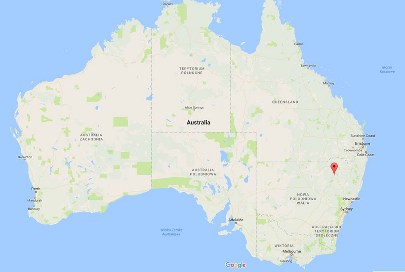 Australia. Na czerwono zaznaczono miejscowość Narrabri. Źródło: Google Maps