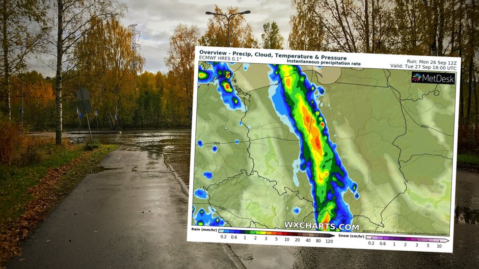 We wtorek Polska będzie skąpana w chmurach i deszczu (mapa: wxcharts.com)