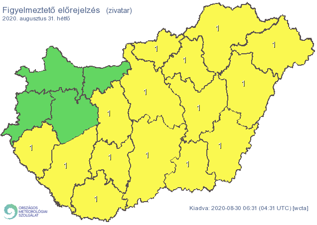 Hétfőre a zivatarok miatt majdnem az egész országra elsőfokú riasztást adtak ki / Fotó: met.hu