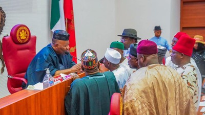 Nigerian senators with Senate President Godswill Akpabio (left) [Tope Brown]