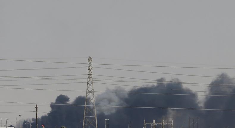 Smoke is seen following a fire at Aramco facility in the eastern city of Abqaiq, Saudi Arabia, September 14, 2019. REUTERS/Stringer