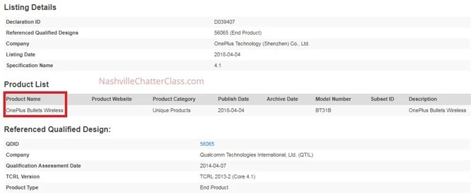 OnePlus Bullets Wireless w wykazie Bluetooth SIG