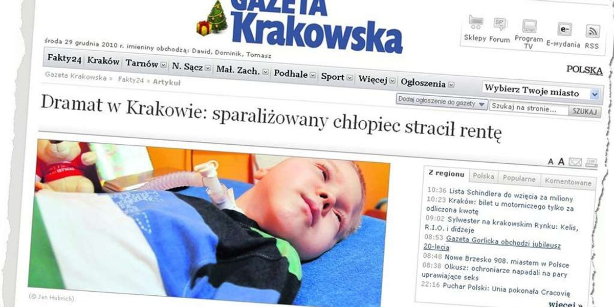 Sparaliżowany chłopiec stracił rentę