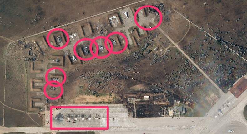 A marked-up satellite image of the Saki Russian naval air base in Crimea on August 10, 2022. Circles and an oblong mark destroyed and suspected destroyed Su-24s and Su-30s