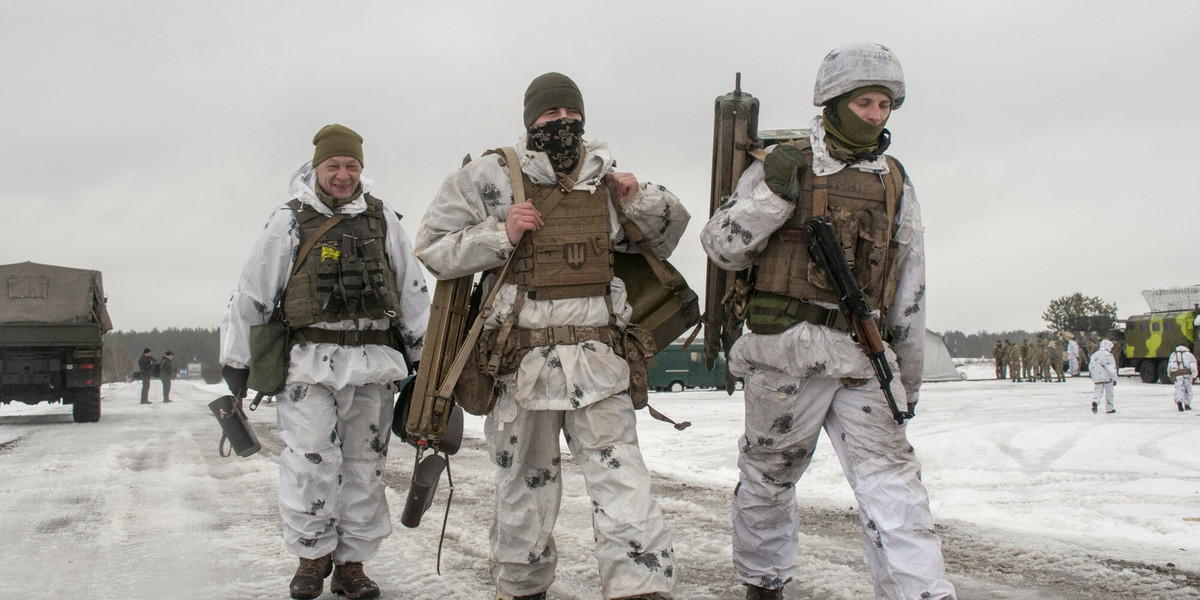 Ukraińscy żołnierze podczas ćwiczeń pod Charkowem, 10 lutego 2022 r.