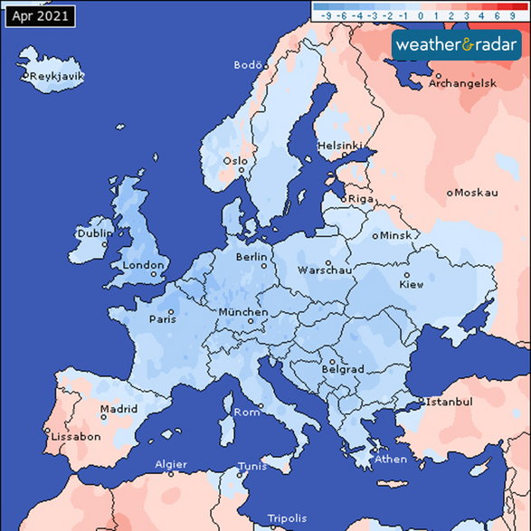 Odchylenie od średniej temperatury minimalnej w Europie w kwietniu 2021 r.