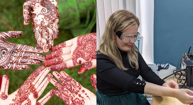 Henna tattoos are photographed during the Mehendi Festival in Bangladesh, left, and Insider's Mikhaila Friel gets a permanent bracelet, right.Zakir Hossain Chowdhury/NurPhoto via Getty Images, Mikhaila Friel/Insider