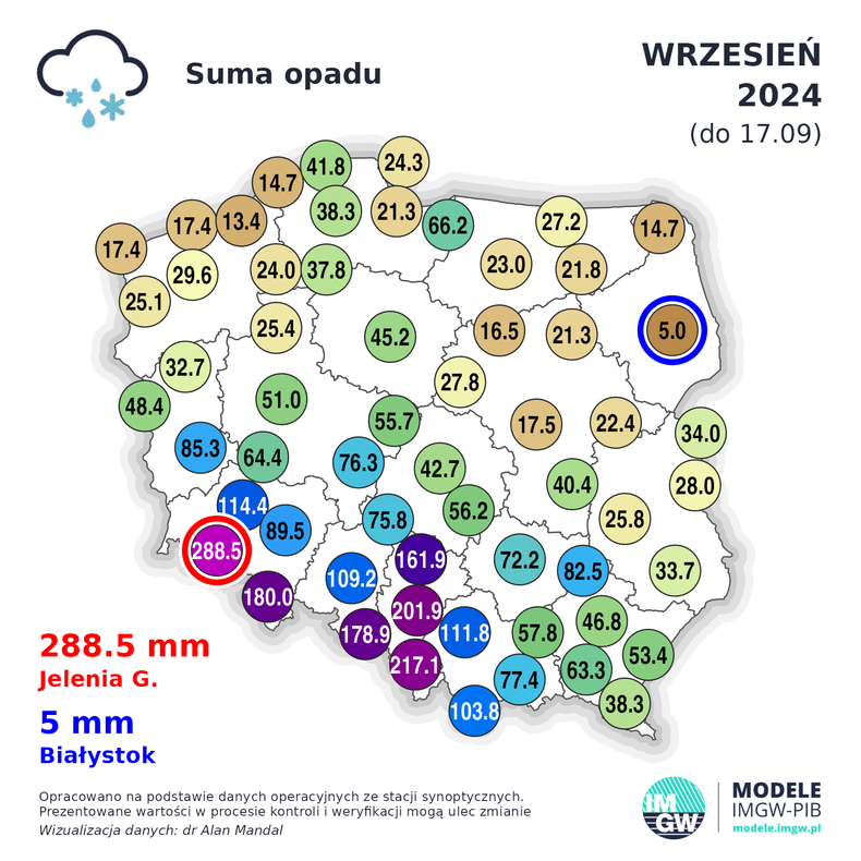 Dotychczasowa suma opadów deszczu w Polsce we wrześniu