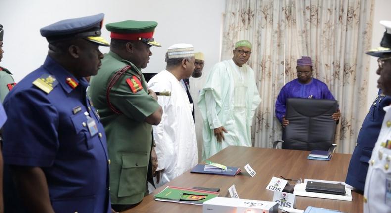 Buhari meets Service Chiefs in Abuja.