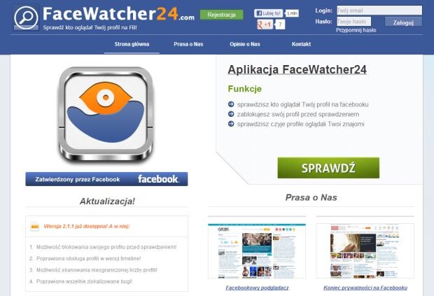 9. Facewatcher24
<br><br>
Polska odmiana fałszywej aplikacji do śledzenia użytkowników. Aktywacja następuje telefonicznie. SMS-y z powiadomieniami o o aktywności znajomych na naszym koncie otrzymywać mamy dwa razy w tygodniu. Za każdy zapłacimy prawie 5 zł.