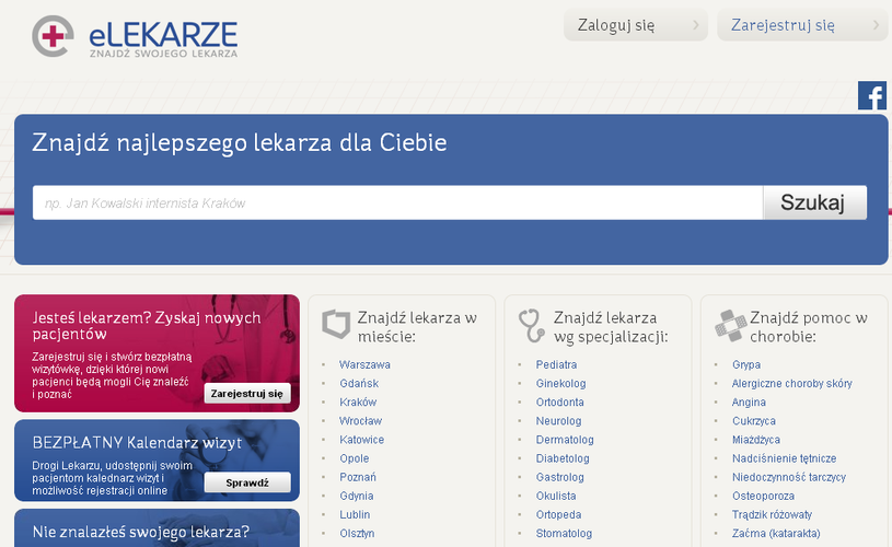 <strong>eLekarze.pl</strong><br><br>
Serwis posiada bardzo ciekawą funkcjonalność - oprócz wyszukiwania lekarzy na bazie specjalizacji lub miejsca, w którym przyjmują, umożliwia też znalezienie specjalistów zajmujących się konkretnymi schorzeniami (możemy więc znaleźć lekarzy, którzy pomogą nam w przypadku zachorowania na grypę, anginę lub osteoporozę).