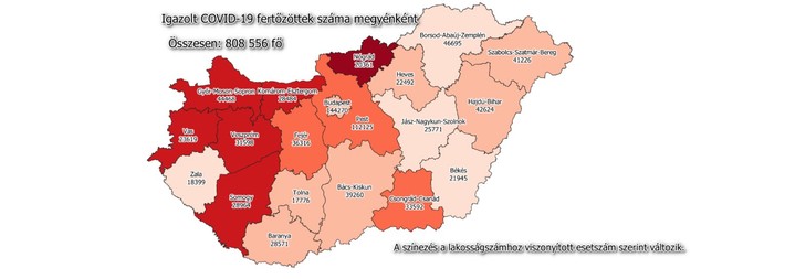 Igazolt Covid-19 fertőzöttek száma megyénként / Fotó: koronavirus.gov.hu