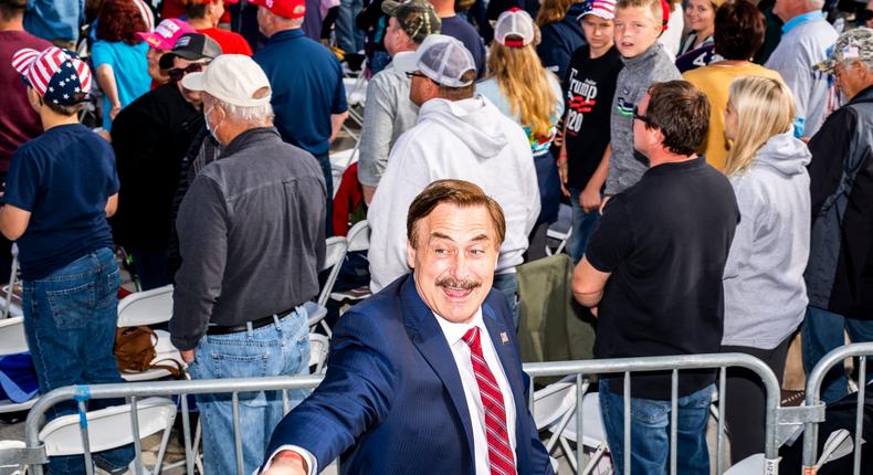 Mike Lindell, founder of My Pillow Inc., points to the crowd during a rally for Donald Trump in September.
