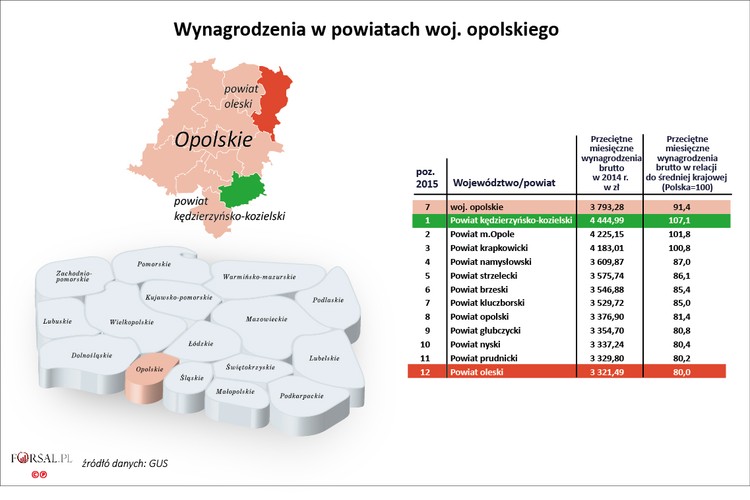 W Opolskim przeciętna wartość wynagrodzeń brutto wynosiła w 2015 r. 3793 zł, czyli 91,4 proc. średniej krajowej. Jednak w trzech regionach województwa zarobki były wyższe niż w całej Polsce. Pierwsze trzy miejsca w regionalnym rankingu zajmują: powiat kędzierzyńsko-kozielski (4445 zł, 107,1 proc. średniej krajowej), Opole (4225 zł, 101,8 proc.) i powiat krapkowicki (4183 zł, 100,8 proc.). W Kędzierzynie Koźlu działa GK Brenntag Polska, zajmujący się dystrybucją surowców chemicznych dla przemysłu oraz Grupa Azoty ZAK.  W Opolu działa należąca do PGE - Elektrownia Opole. 
<br>
Stopa bezrobocia w Opolskim w grudniu 2015 r. wynosiła  10,2 proc.