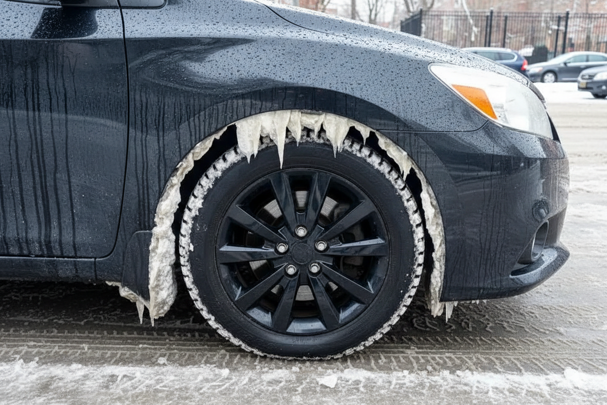 Ľad na podbehoch kolies: Obmedzuje pohyb kolesa, spôsobuje hluk, vibrácie, pomalšiu reakciu na volant – riziko straty kontroly a zníženej účinnosti bŕzd. 