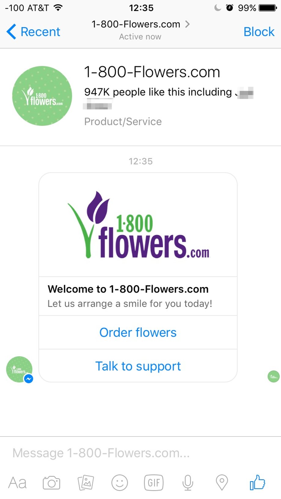 It's my mom's birthday, so I figured I'd order her some flowers from the 1-800-Flowers.com bot. Easy enough - just click "Order flowers."