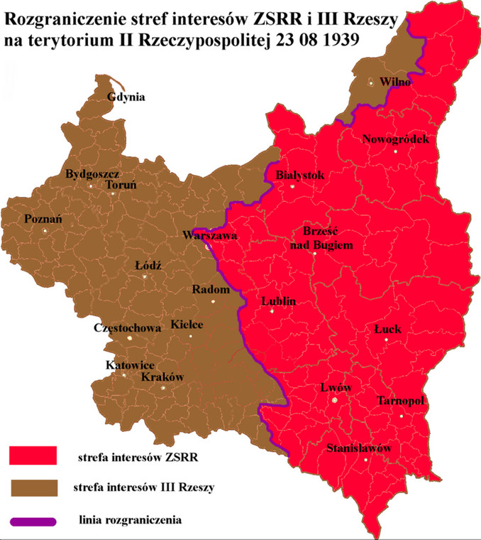 Podział Polski na strefy wpływów ZSRR i Trzeciej Rzeszy zgodnie z ustaleniami tajnego protokołu do paktu Ribbentrop-Mołotow z 23 sierpnia 1939 r. (CC BY-SA 4.0)