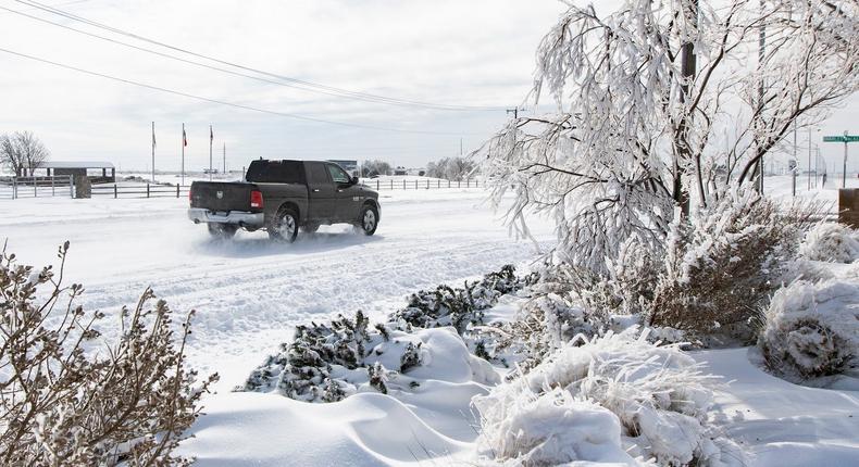 Ice and snow blanketing roads in Odessa, Texas, on February 15, 2021.
