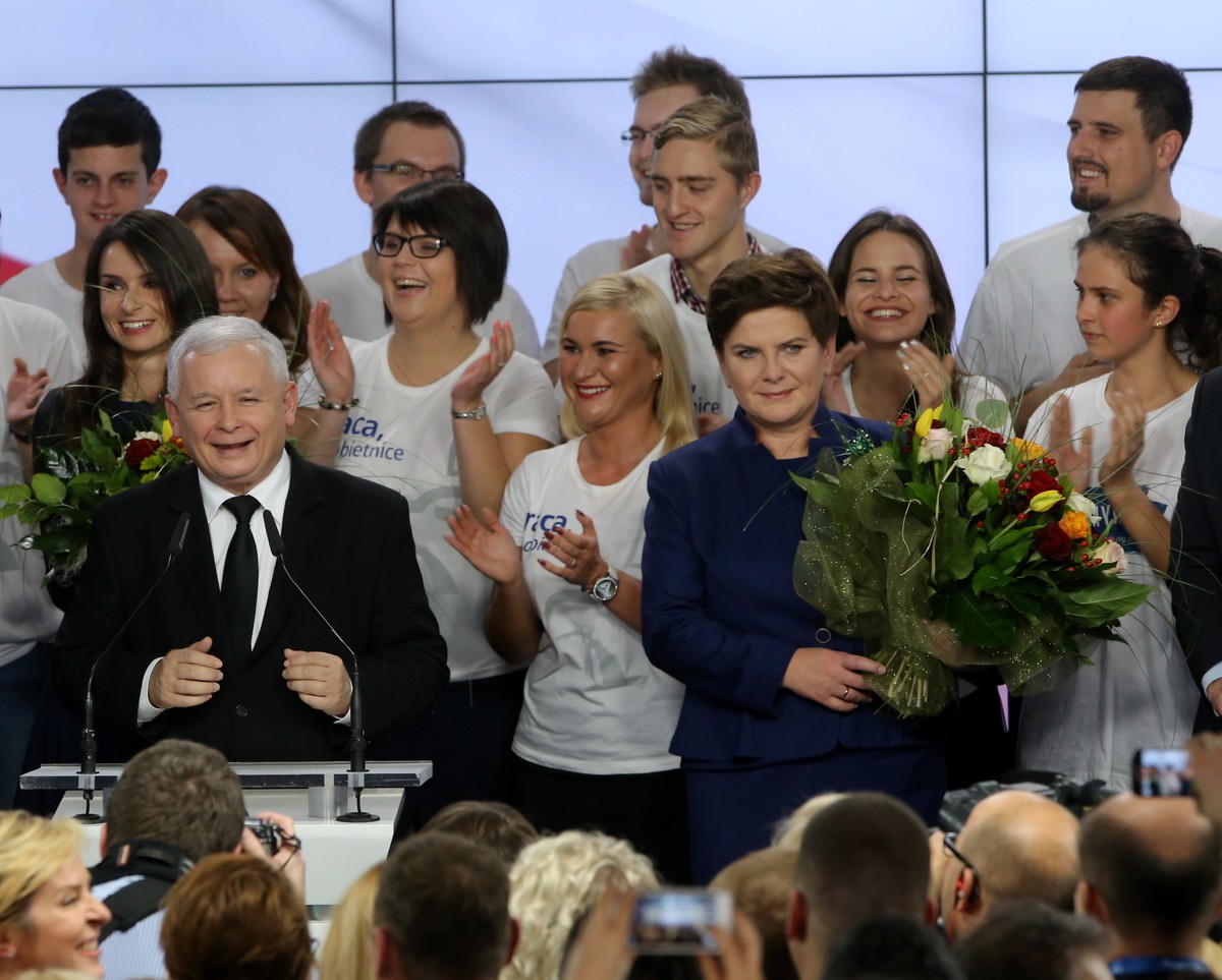 Jarosław Kaczyński i Marta Kaczyńska oraz wiceprezes PiS, kandydatka na premiera Beata Szydło