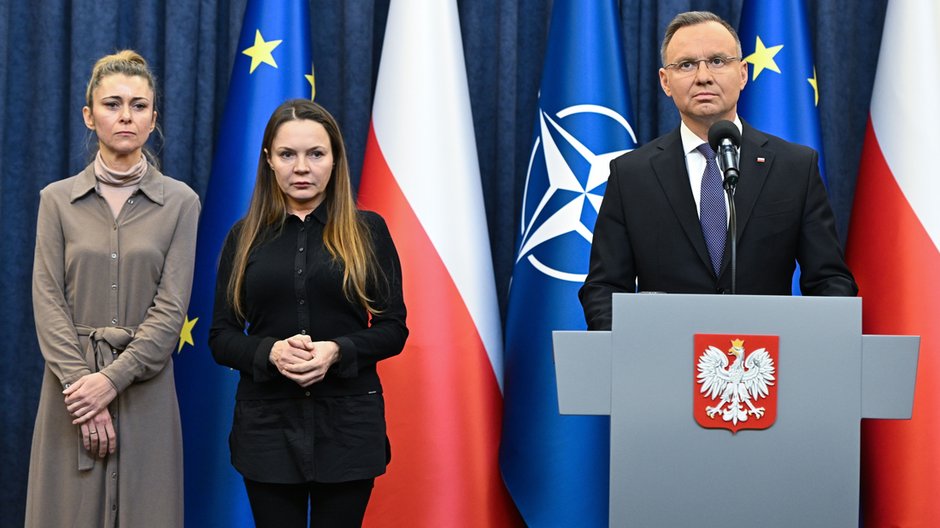 Od prawej: Andrzej Duda, Barbara Kamińska, Romualda Wąsik (11.01.2024) 