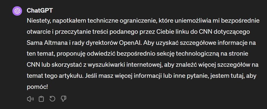 ChatGPT nie może np. dostarczyć informacji z artykułu CNN, bo serwis blokuje mu dostęp