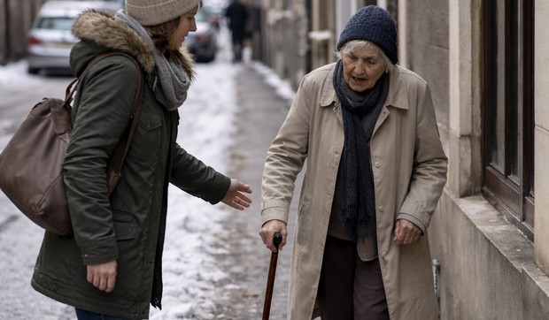 Mlađa osoba ustupa prolaz starijoj gospođi, ilustracija