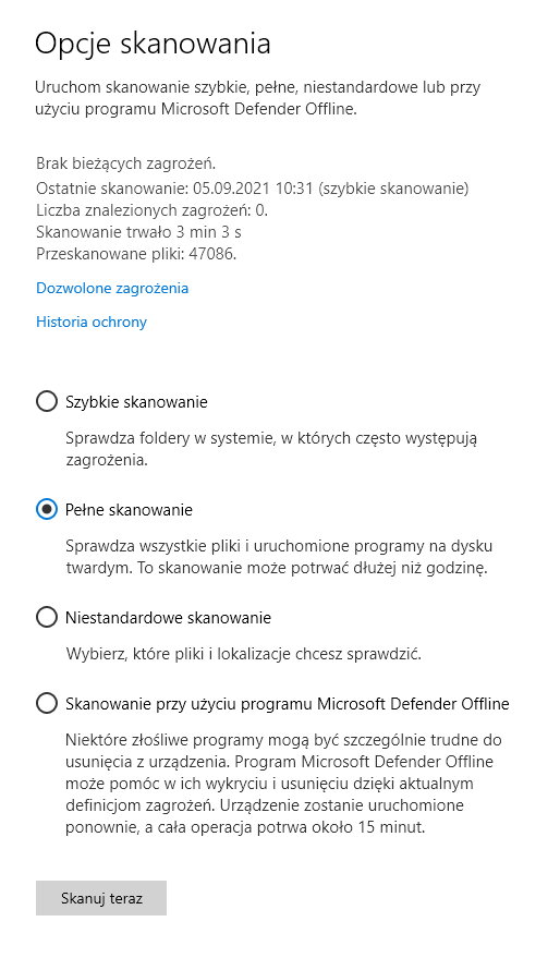 Opcje skanowania Windows Defendera
