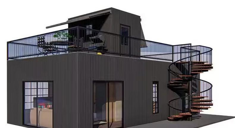 The Getaway Pad from PLUS 1 Homes features a bedroom and a spiral staircase that leads to a roof deck.PLUS 1 Homes