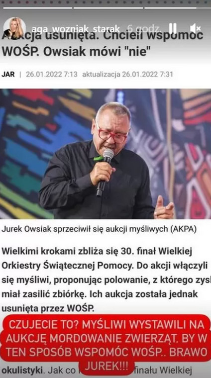 Agnieszka Woźniak-Starak komentuje decyzję Owsiaka