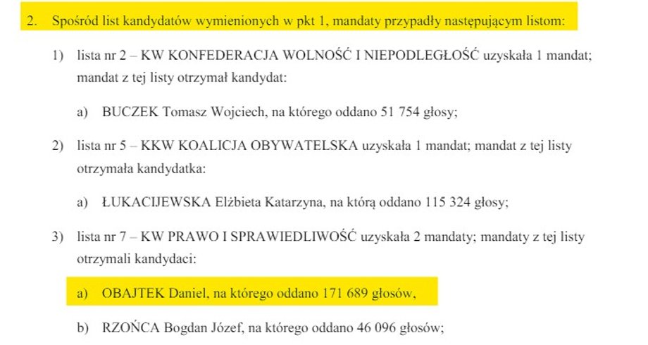 Fragment obwieszczenia PKW mówiący, że Daniel Obajtek został europosłem