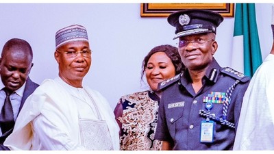 Ex-IGP Usman Baba (L) congratulates IGP Kayode Egbetokun (R) after the latter’s decoration by Vice President Kashim Shettima at State House in Abuja on Tuesday, June 20, 2023 [Channels]