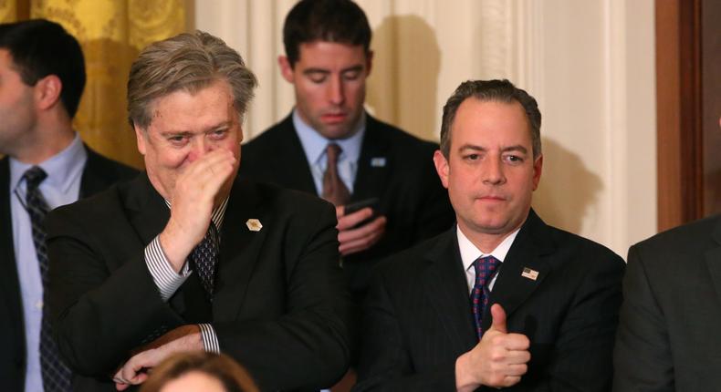 The White House chief strategist Stephen Bannon, left, and chief of staff Reince Priebus at the White House on Tuesday.