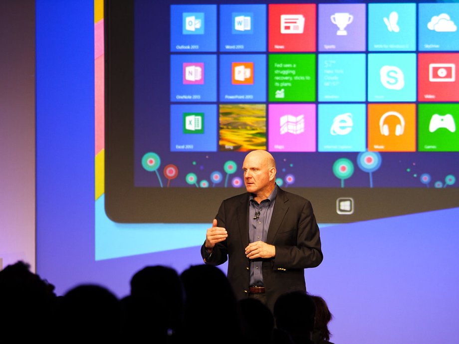 Former Microsoft CEO Steve Ballmer at the launch of Windows 8. It eschewed traditional Windows elements like the Start button in favor of big, touch-friendly buttons.