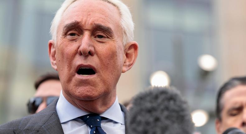 Roger Stone, a former adviser and confidante to former U.S. President Donald Trump, addresses reporters in front of the Thomas P. O'Neill Jr. Federal Building