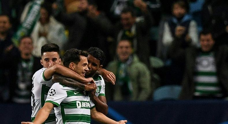 Pedro Goncalves (C) celebrates his two goals for Sporting Lisbon against Dortmund Creator: PATRICIA DE MELO MOREIRA