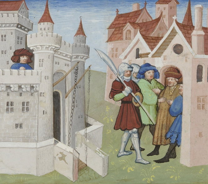 Kontrola przy bramie na francuskiej miniaturze z 1420 roku