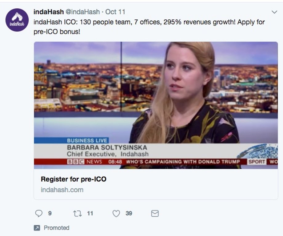 An ICO being advertised on Twitter.