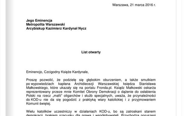 Mateusz Kijowski w liście otwartym do kardynała Nycza. "Podzielę się głębokim oburzeniem"