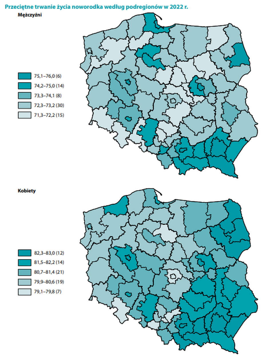 Południowy wschód Polski charakteryzuje się dłuższym trwaniem życia.