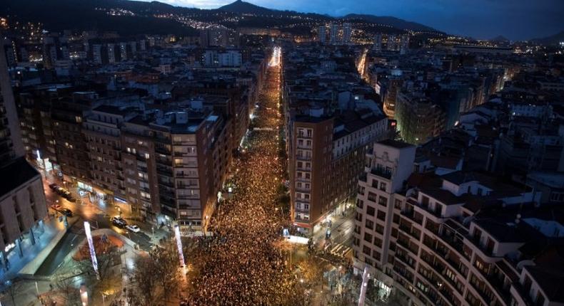 Thousands of people march during a demonstration called by the citizens' network Sare, protesting against dispersion of Basque prisoners, in the northern Spanish city of Bilbao on January 14, 2017