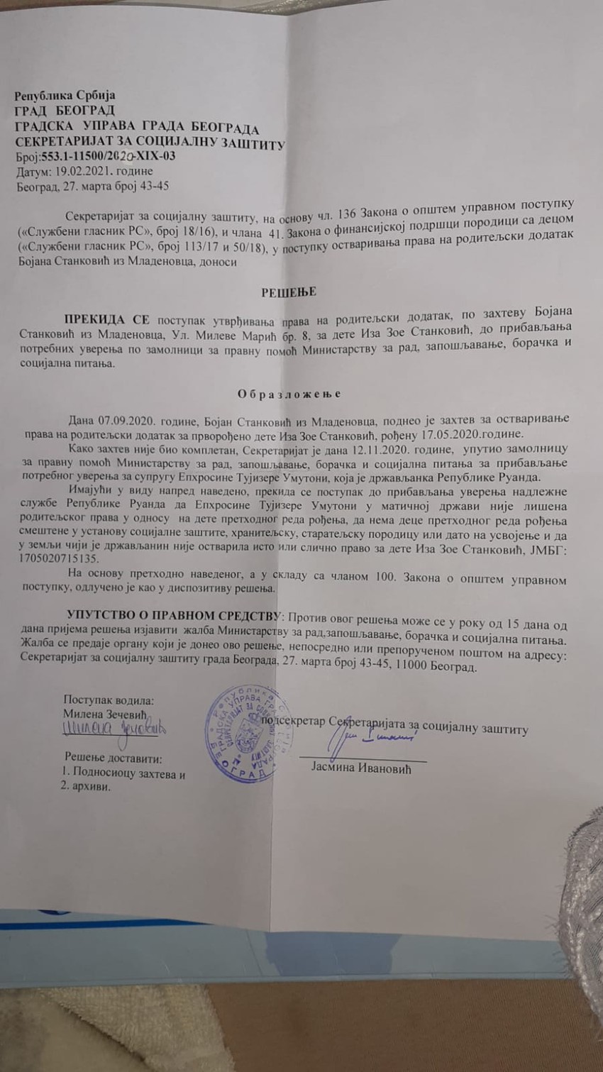 Rešenje Sekretarijata za socijalnu zaštitu koje su dobili Stankovići