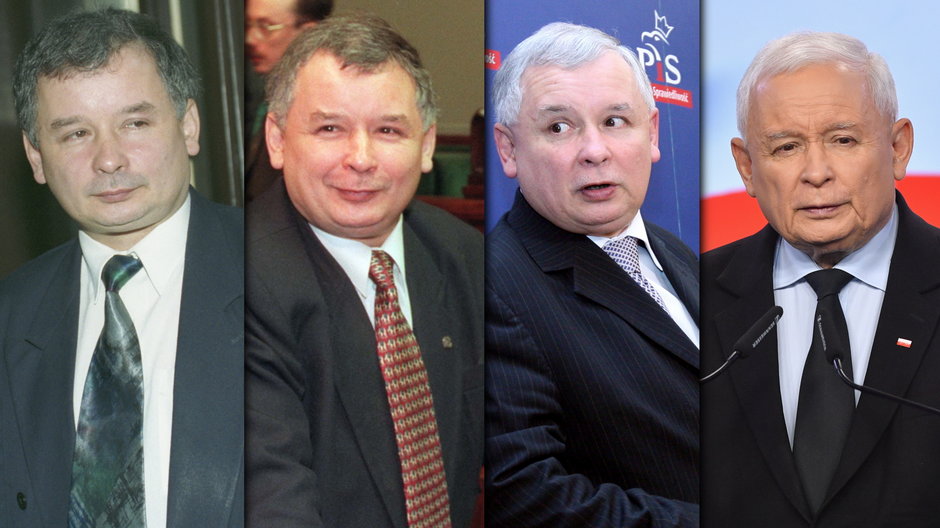 Jarosław Kaczyński na przestrzeni lat. Od lewej: rok 1993, 1997, 2007 i 2023