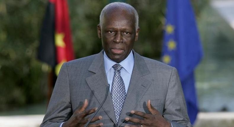 Angola's President Jose Eduardo dos Santos talks to journalists after a signature agreement ceremony held at Sao Bento Palace in Lisbon, file. 