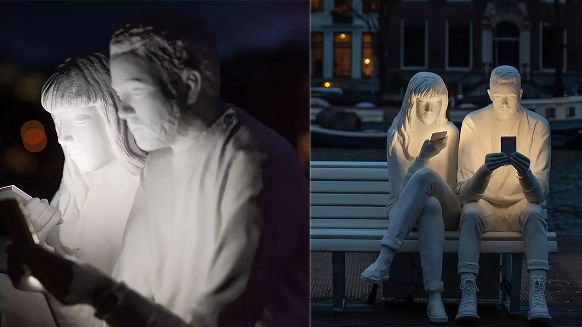 Ta rzeźba jest o tobie. Trzy ponure postacie wgapione w smartfony usiadły w centrum miasta
