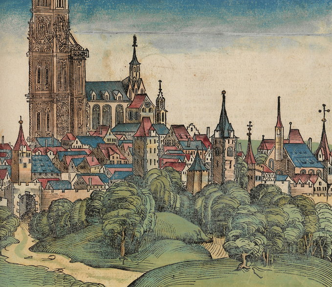 Strasburg na ilustracji z Kroniki świata Hartmanna Schedela z 1493 roku.