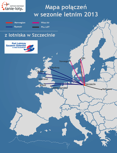 W tym roku lotnisko w Szczecinie nie straciło żadnego połączenia. Powróciły sezonowe loty do Edynburga z Ryanair. Przewoźnik uruchomi także w kwietniu nowe połączenie do Bristolu. Wizz Air zainaugurował swoją obecność na lotnisku w Szczecinie w połowie marca, oferując podróżnym dwa nowe połączenia: do Oslo Torp i Stavanger. Pasażerowie podróżujący ze Szczecina mają w tym sezonie do wyboru loty do 8 miast w Wielkiej Brytanii, Norwegii i Irlandii oraz połączenie do Warszawy.