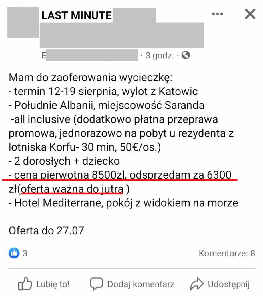 Przykładowe ogłoszenie odsprzedaży wycieczki.